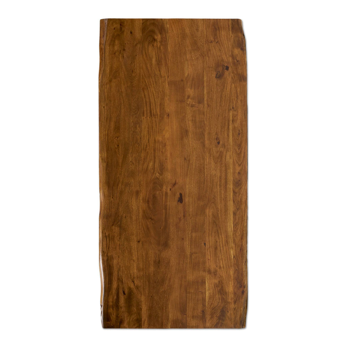 The Live Edge Dining Table features a rectangular wooden tabletop with a natural finish and visible wood grain, creating an inviting atmosphere. Its slightly uneven edges offer a rustic look reminiscent of unique slabs of wood, while the smooth surface remains uncluttered.