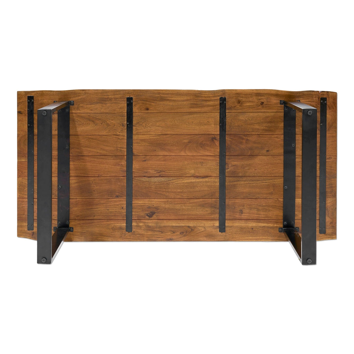 The Live Edge Dining Table showcases a rectangular wooden top with distinctive grain patterns and unique slabs. Four black metal legs with support beams add a modern touch, creating an inviting atmosphere for any dining space when stood upright.