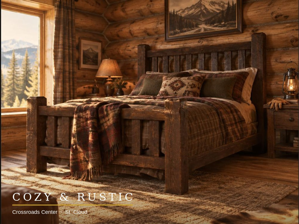 Lumberjack Bed in a rugged log-cabin bedroom, low angle