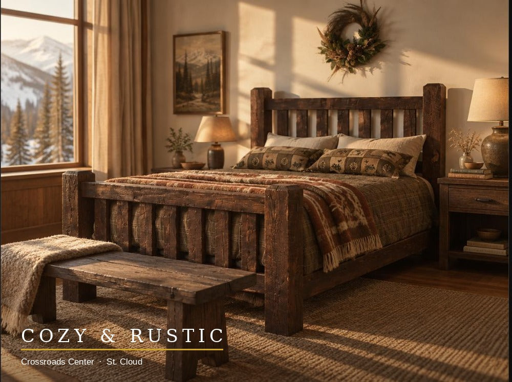 Lumberjack Bed corner view with wood bench at foot