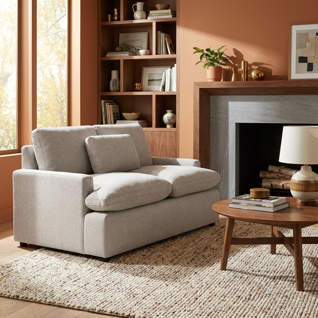 My Cloud Loveseat styled in a warm mid-century living room