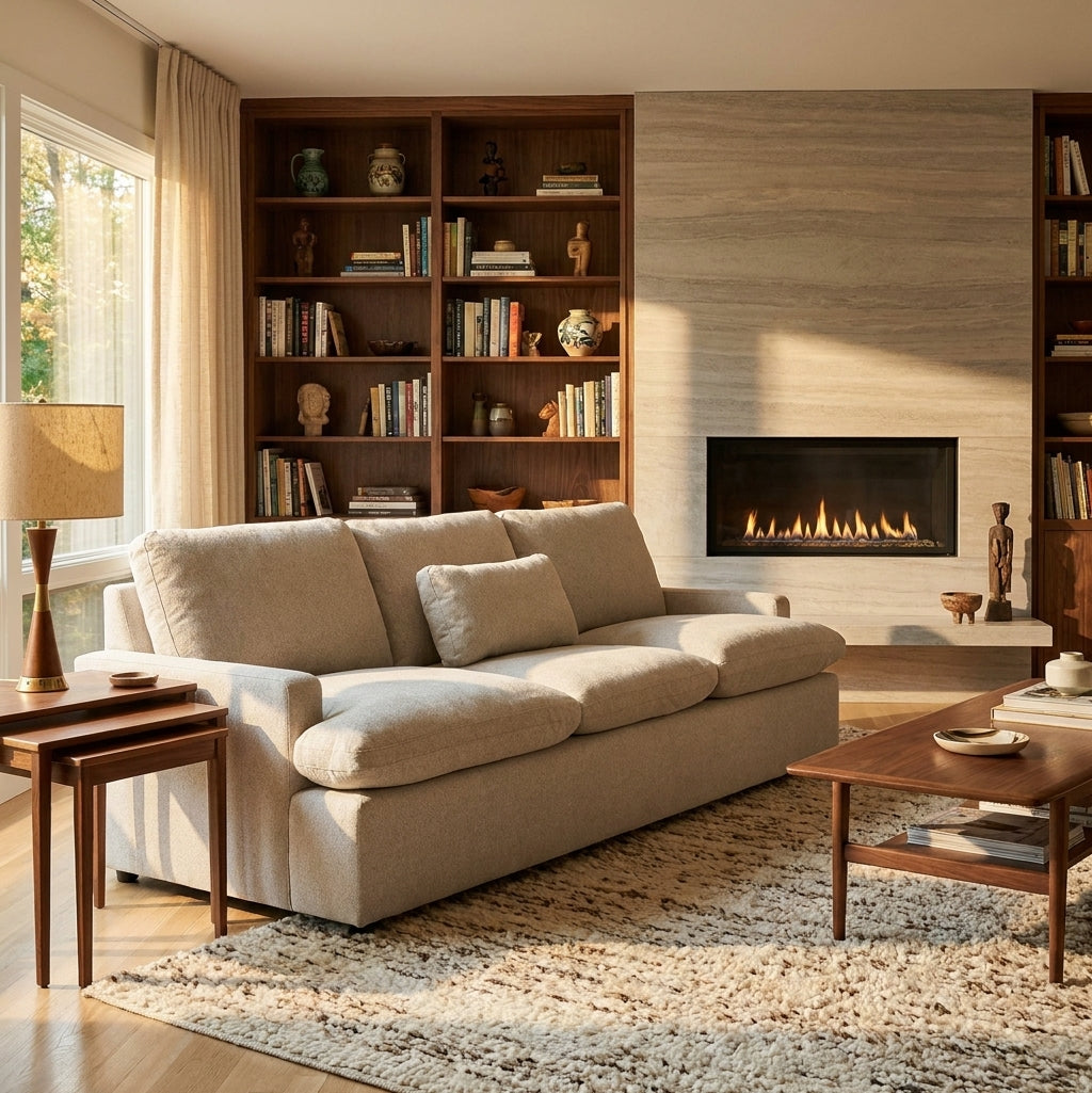 My Cloud Sofa styled in a warm mid-century living room
