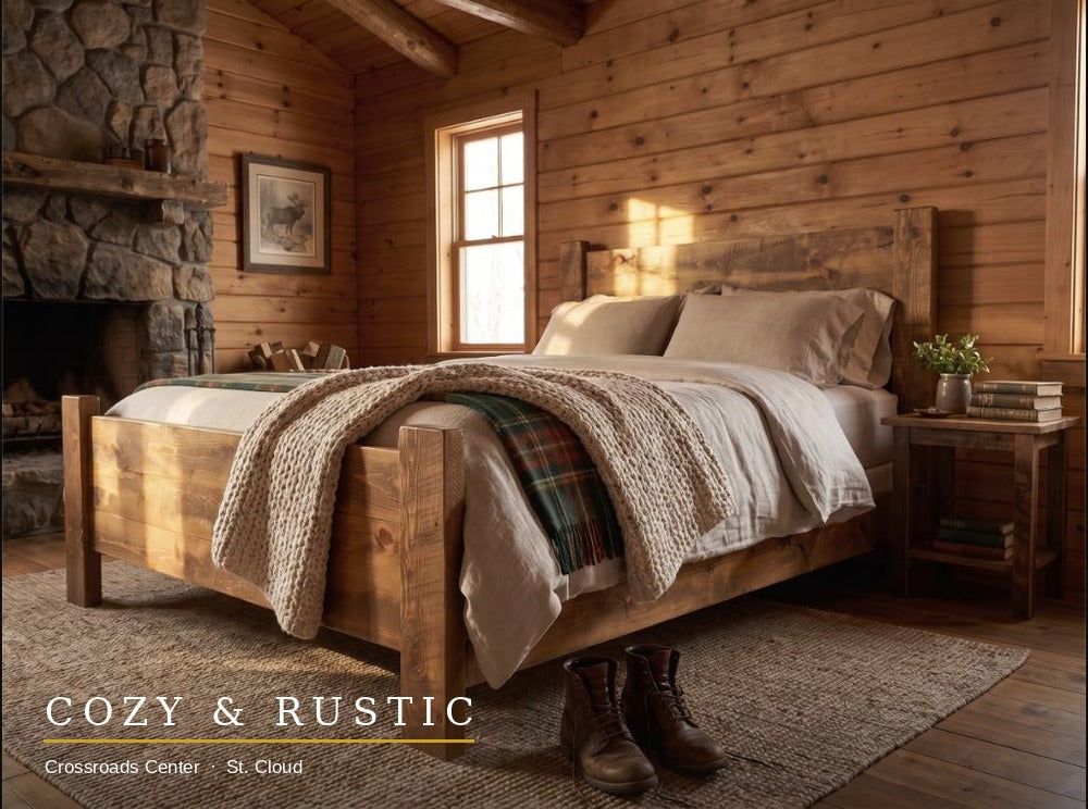Mustang Barnwood Bed - low angle cabin bedroom
