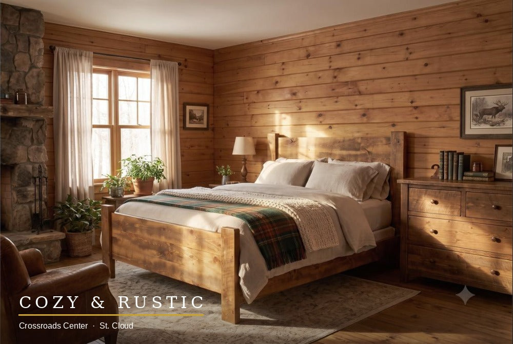 Mustang Barnwood Bed - wide bedroom corner view