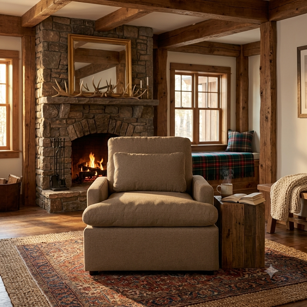 My Cloud Chair in Earth staged in a rustic farmhouse by the stone fireplace