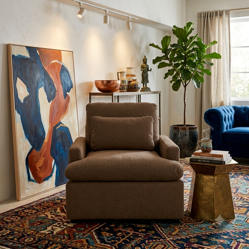 My Cloud Chair in Earth staged in an eclectic living room with gallery art