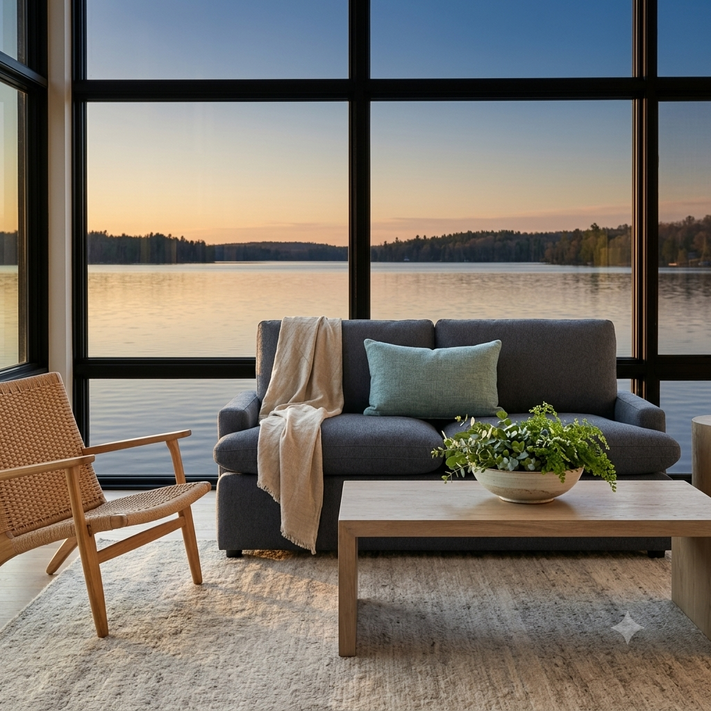 My Cloud Loveseat in Slate Blue staged in a lakeside sunroom at sunset