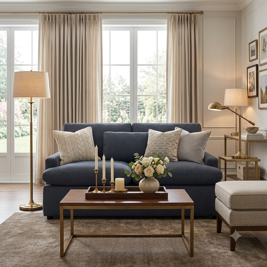 My Cloud Loveseat in Slate Blue staged in an elegant traditional living room