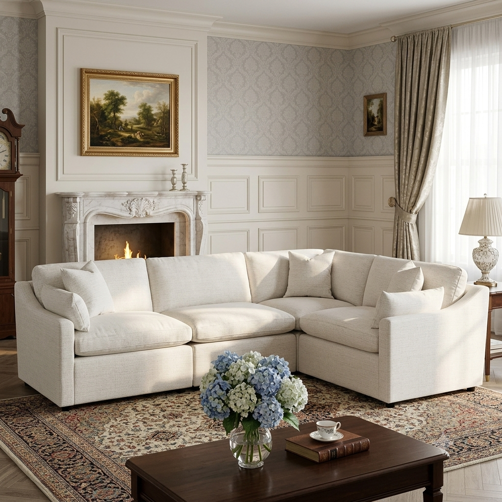 My Cloud modular sectional in a light neutral staged in an elegant traditional living room with fireplace