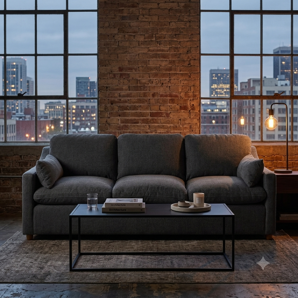 My Cloud Slope Sofa in Classic Gray staged in a modern urban loft at dusk
