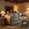 My Cloud Slope Sofa in Ivory Greige staged in a cozy evening living room with fireplace