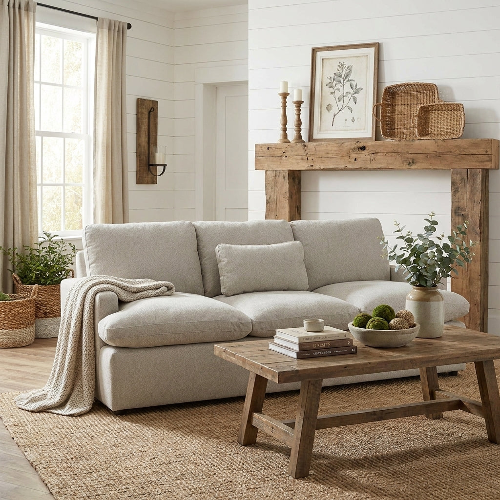 My Cloud Sofa in Greige staged in a bright farmhouse living room