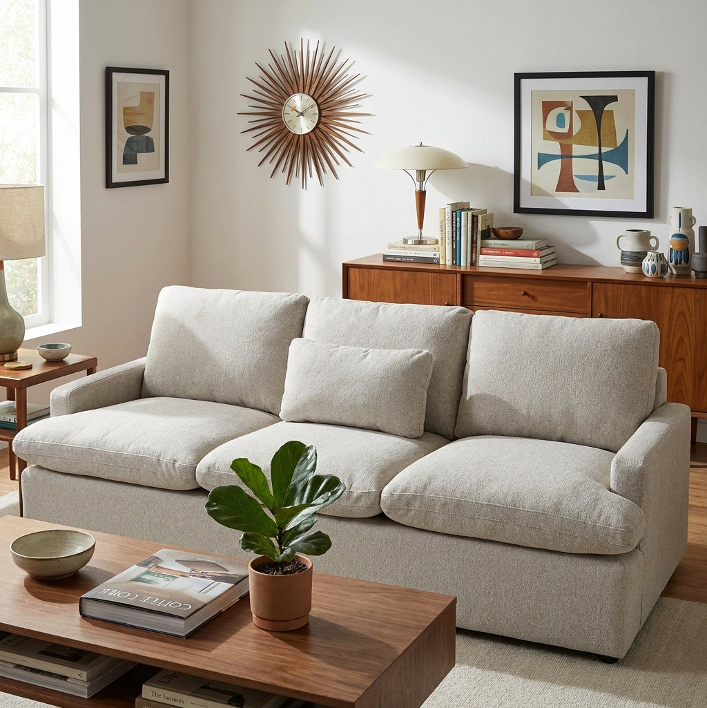 My Cloud Sofa in Greige staged in a mid-century modern living room