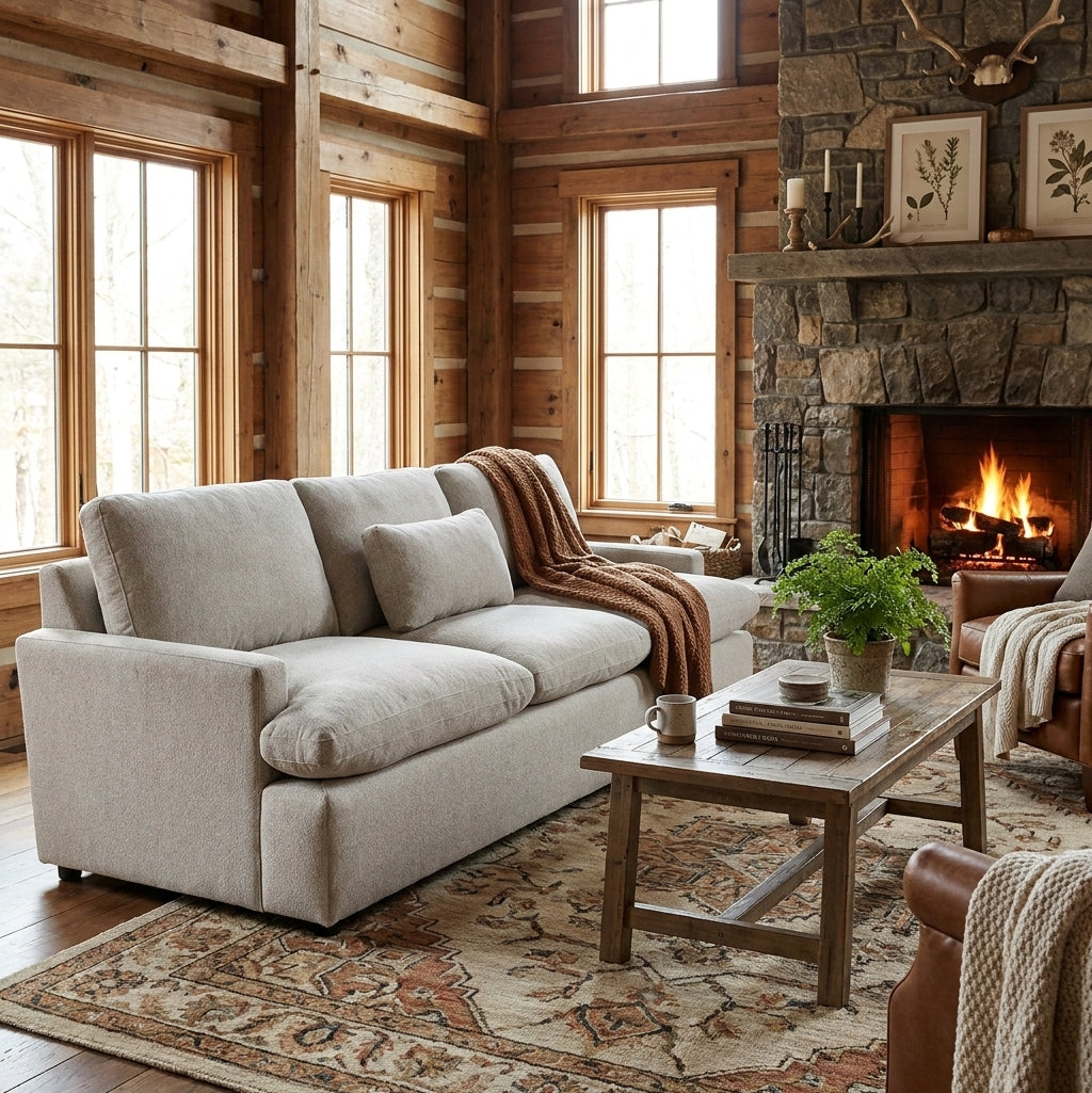 My Cloud Sofa in Greige staged in a rustic lodge living room with warm wood tones