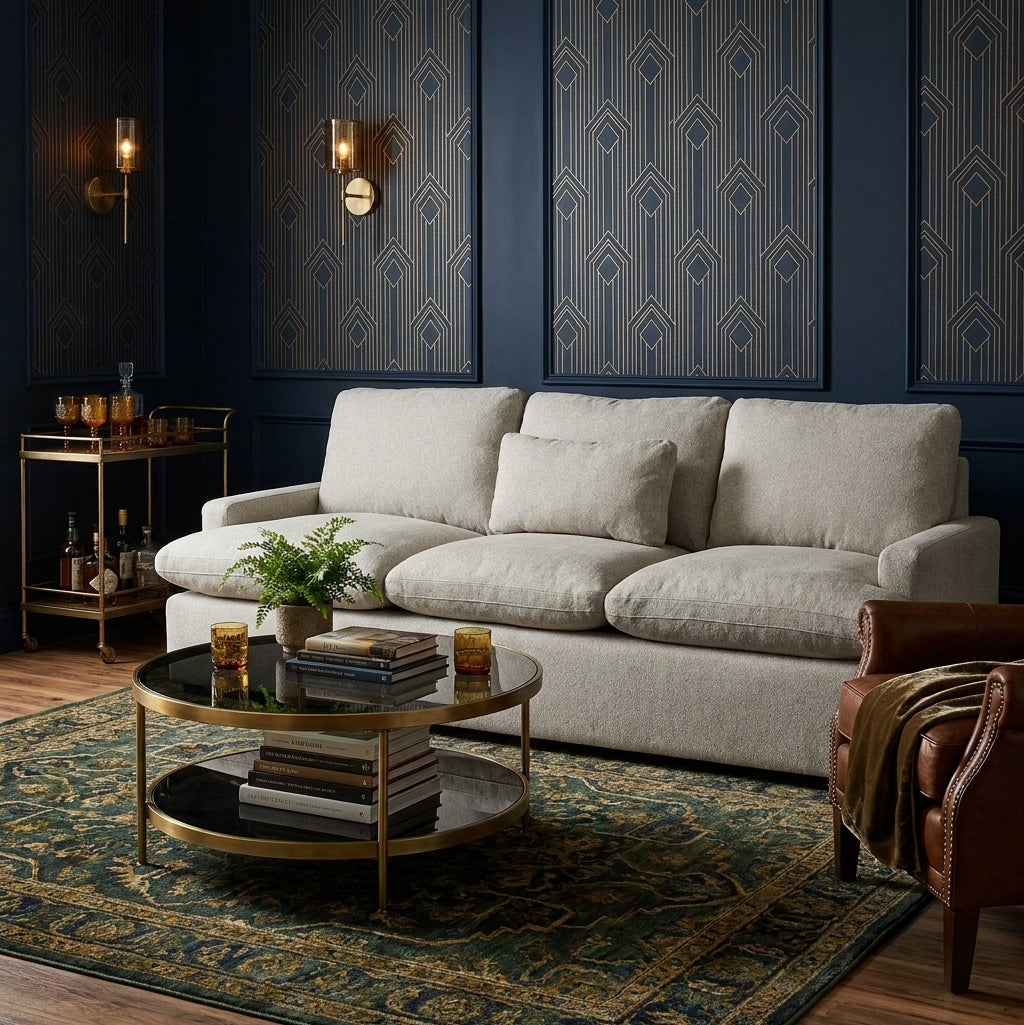My Cloud Sofa in Greige staged in a moody speakeasy-style lounge