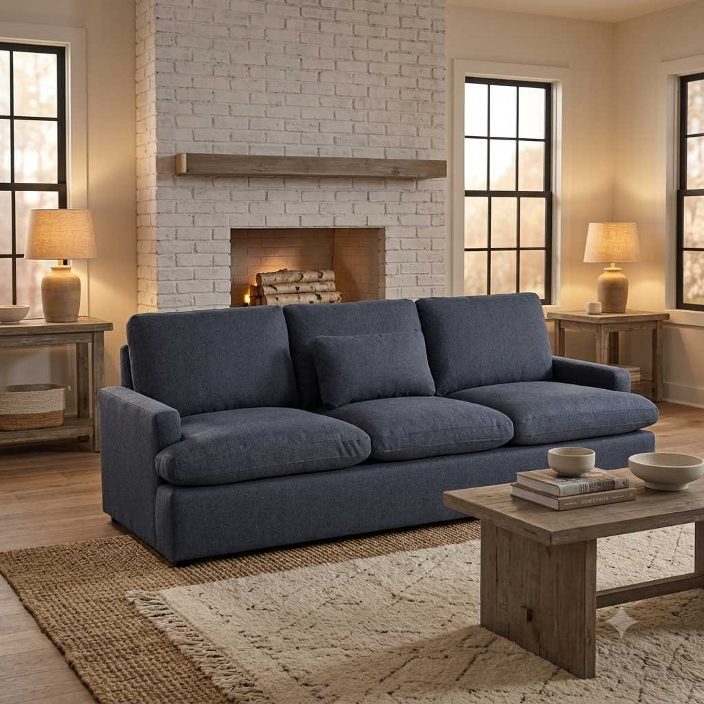 My Cloud Sofa in Slate Blue staged in a modern farmhouse living room with fireplace