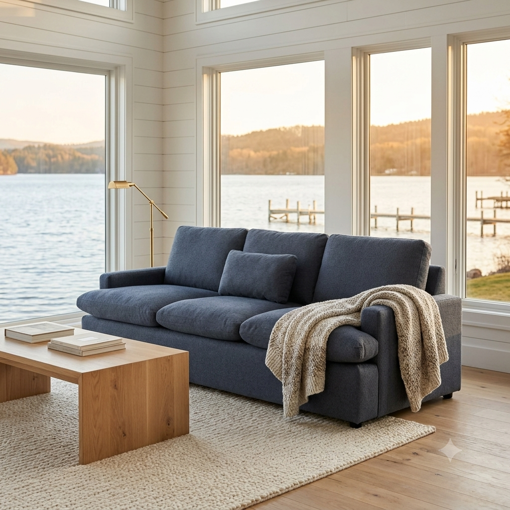 My Cloud Sofa in Slate Blue staged in a modern lake house at golden hour