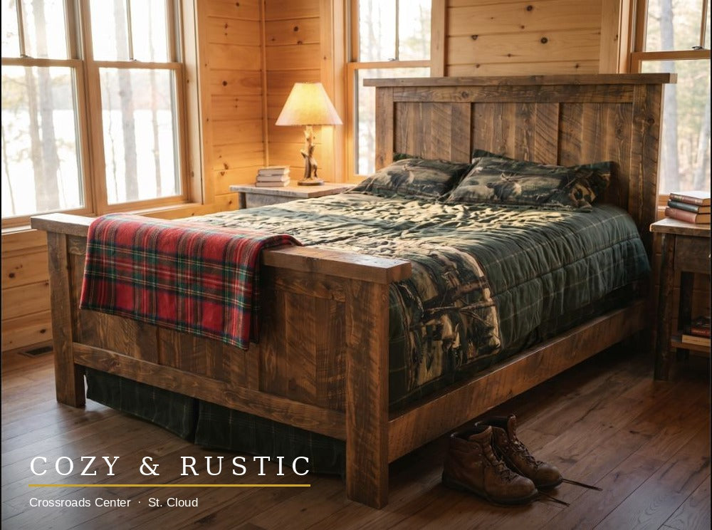 Pioneer Barnwood Bed - cabin bedroom foot angle