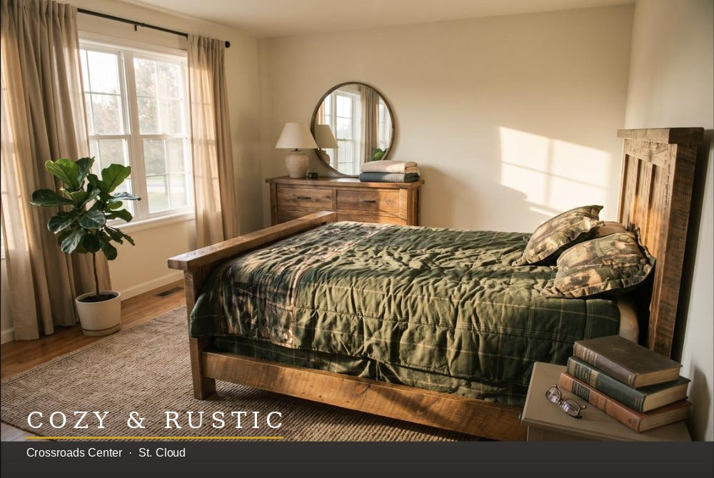 Pioneer Barnwood Bed - wide bedroom corner view