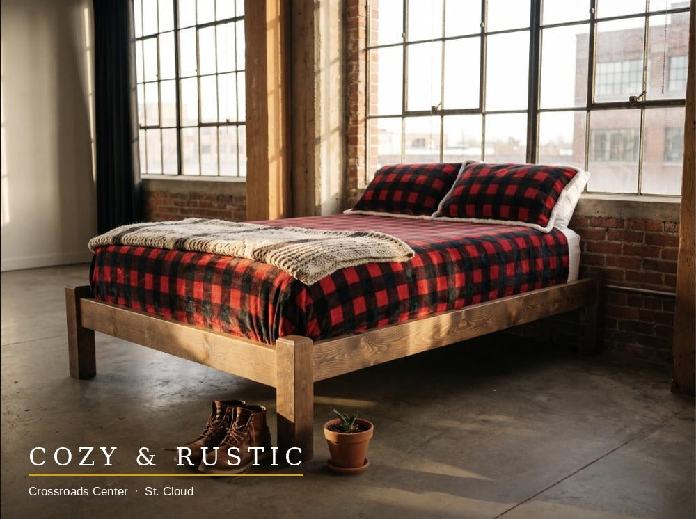 Platform Barnwood Bed - loft bedroom foot angle