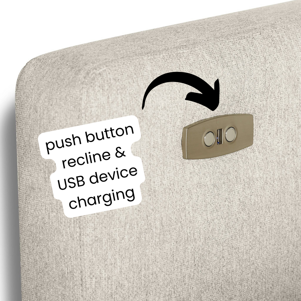 A beige fabric headboard with a metal panel features two buttons and a USB port, ideal for comfort enthusiasts. An arrow highlights the panel labeled push button recline & USB device charging, similar to the customizable My Cloud Power Recliner.