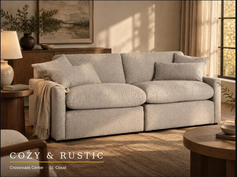 My Cloud Slope 2 Piece sectional, Ivory Greige, staged living room — three-quarter angle