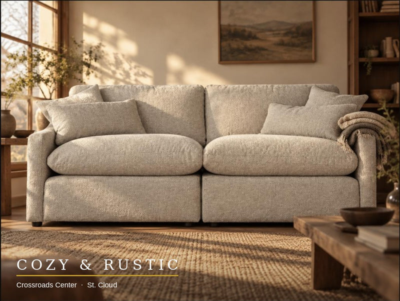 My Cloud Slope 2 Piece sectional, Ivory Greige, staged living room — low angle