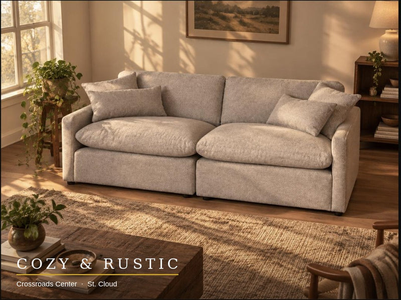 My Cloud Slope 2 Piece sectional, Ivory Greige, staged living room — elevated angle