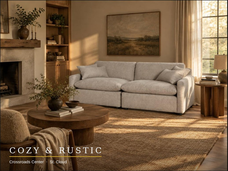 My Cloud Slope 2 Piece sectional, Ivory Greige, staged living room — wide environmental
