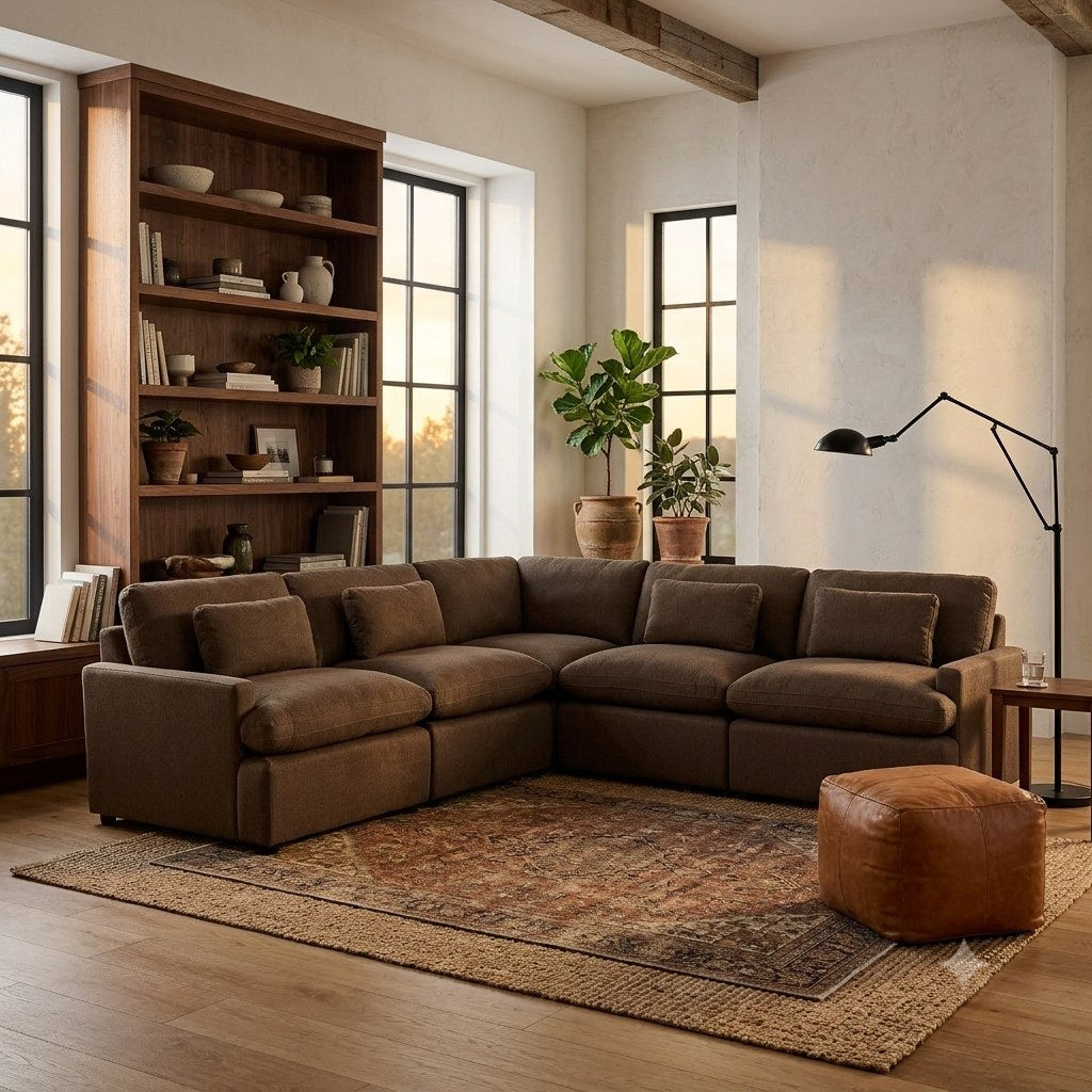 My Cloud modular sectional in Earth staged in a warm library with bookshelf