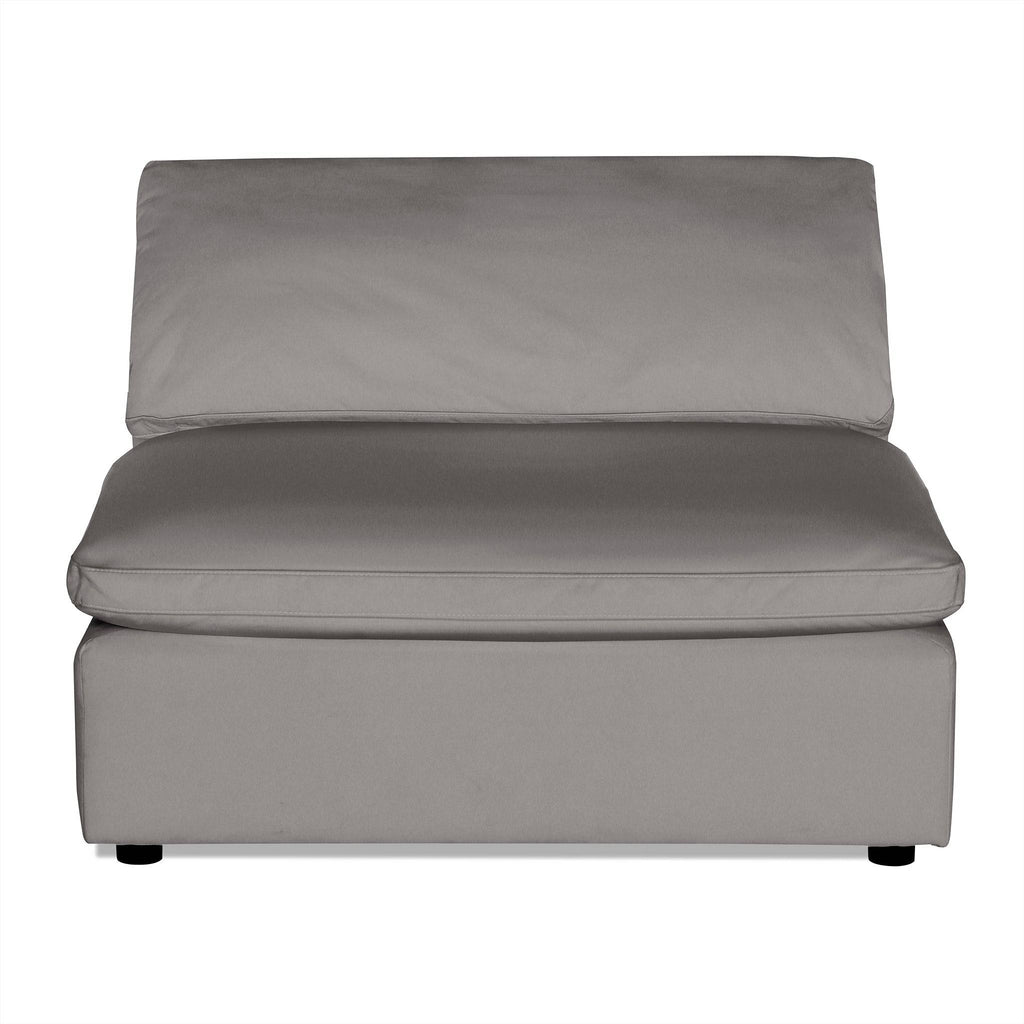 The Peyton Armless sofa is a gray, two-cushion seat with a backrest, ideal for modern living spaces. Its sectional design rests against a white backdrop, highlighting its sleek and minimalist style.