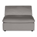 The Peyton Armless sofa is a gray, two-cushion seat with a backrest, ideal for modern living spaces. Its sectional design rests against a white backdrop, highlighting its sleek and minimalist style.