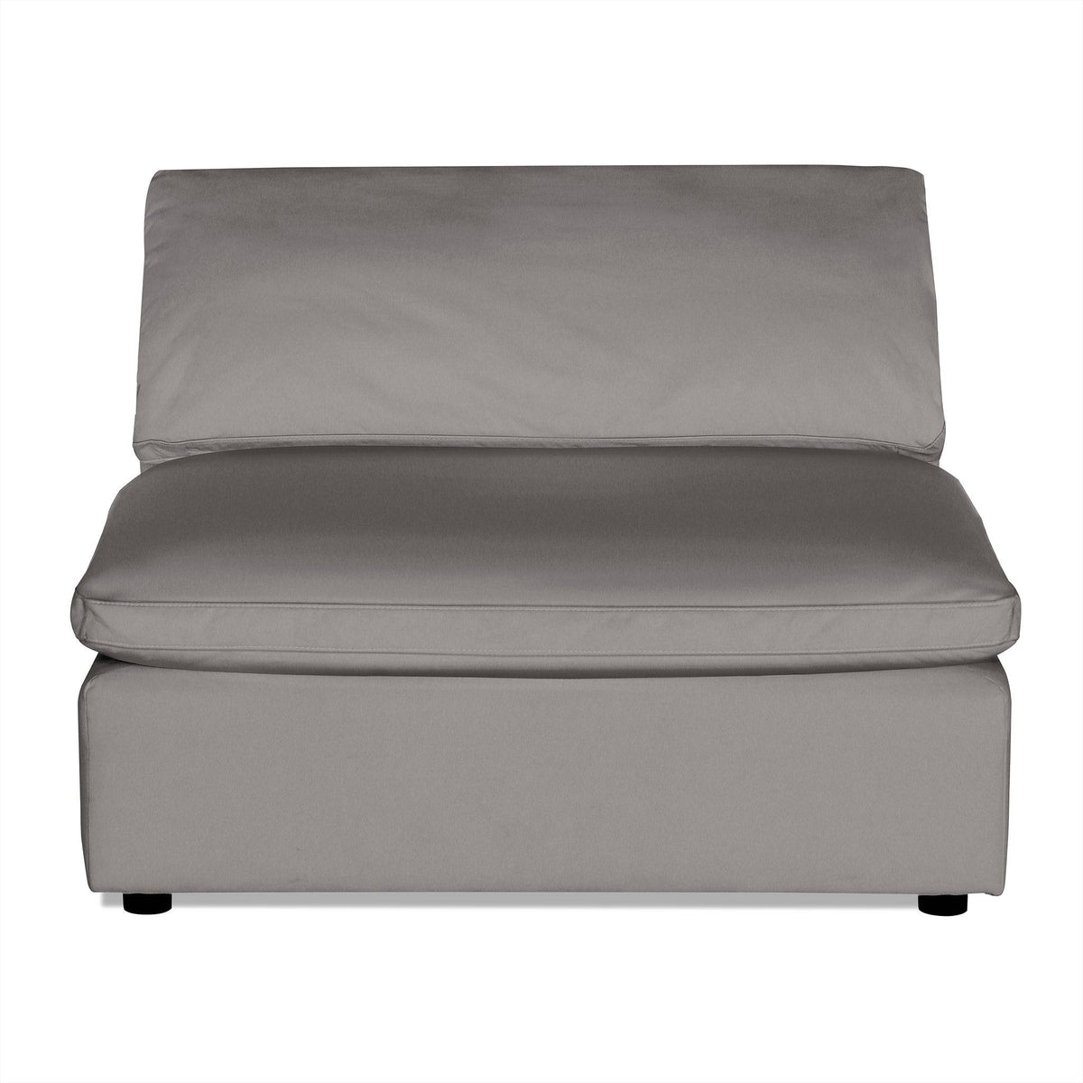 The Peyton Armless sofa is a gray, two-cushion seat with a backrest, ideal for modern living spaces. Its sectional design rests against a white backdrop, highlighting its sleek and minimalist style.