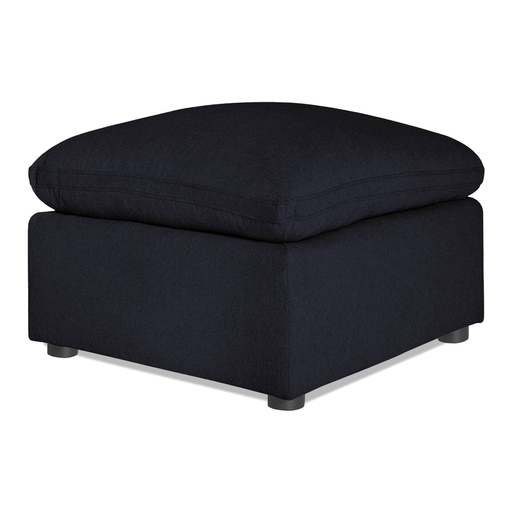 The My Cloud 30 Ottoman features a square black design with a cushioned top, short legs, and soft fabric for a modern and comfortable look.