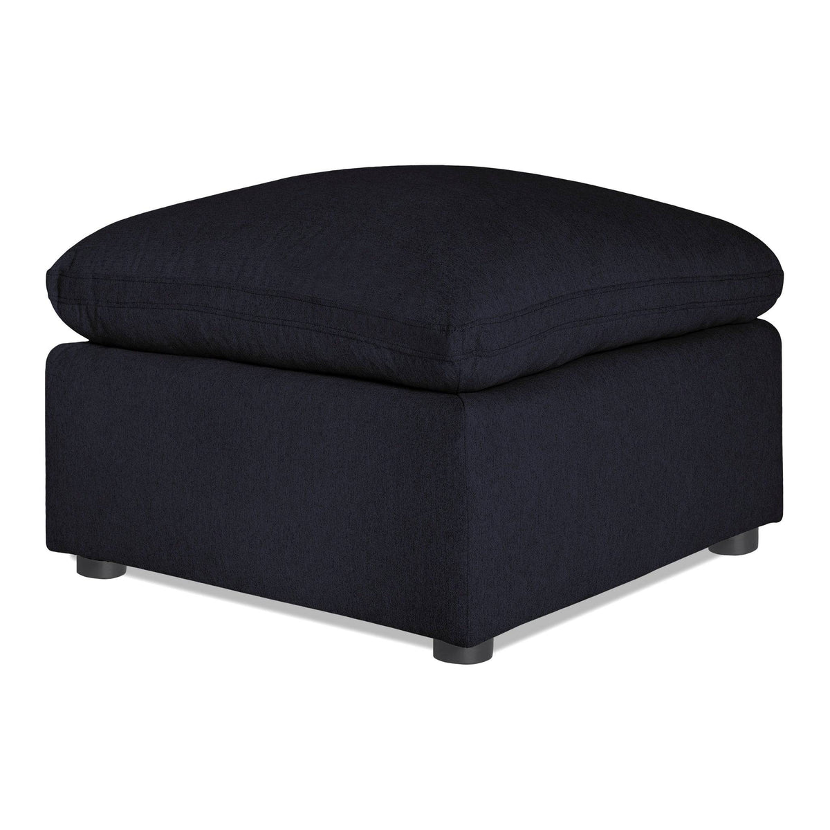 The My Cloud 30 Ottoman features a square black design with a cushioned top, short legs, and soft fabric for a modern and comfortable look.