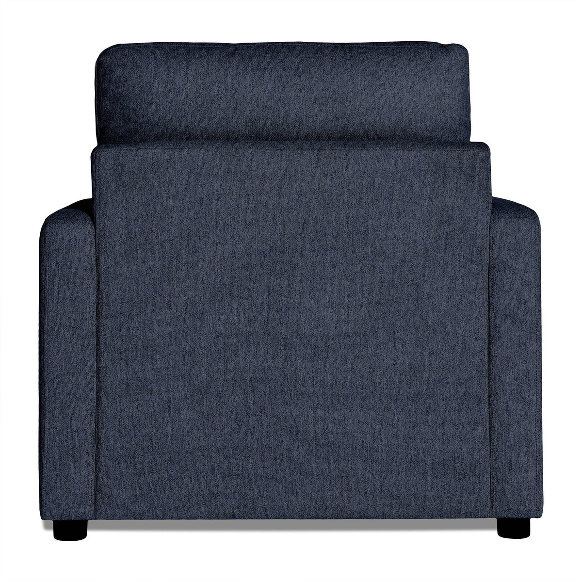 The back view of the My Cloud Chair in dark gray highlights its cushioned backrest and armrests. This comfortable piece of furniture features a simple, modern design with a fabric texture, all set against a white background.