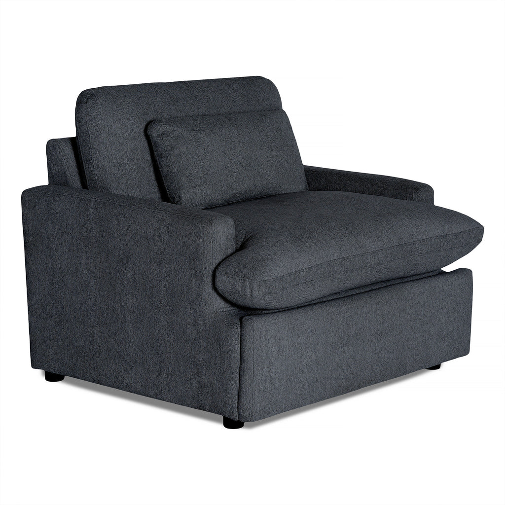 The dark gray My Cloud Power Recliner, with plush cushions, wide armrests, and a small matching back pillow, sits on a white background. Its sleek and modern design ensures ultimate relaxation.