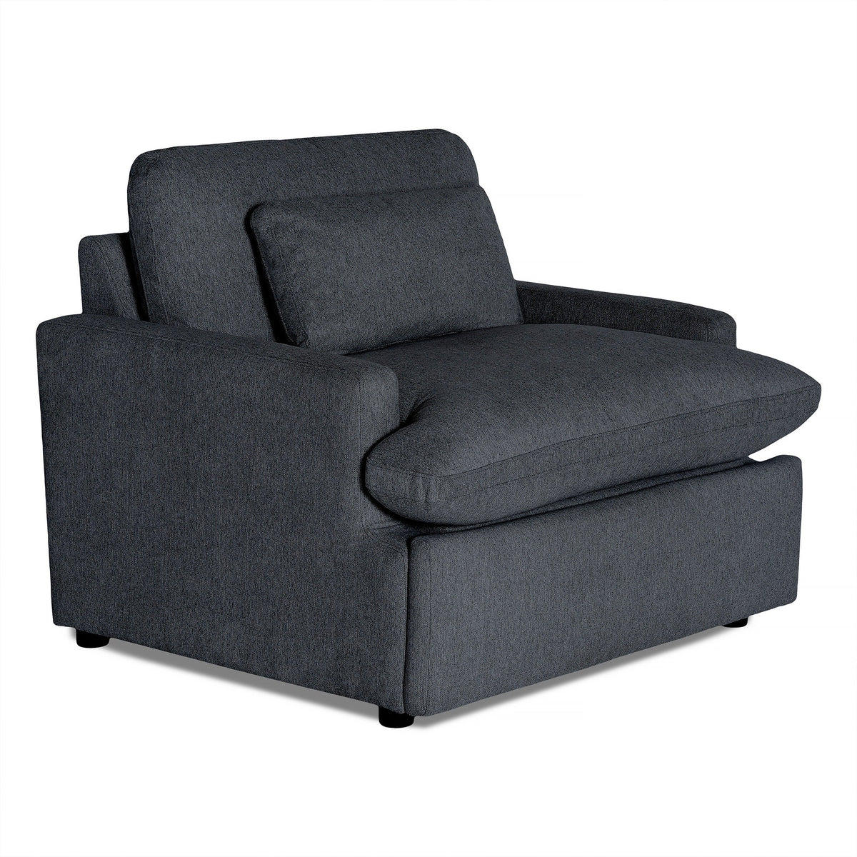 The dark gray My Cloud Power Recliner, with plush cushions, wide armrests, and a small matching back pillow, sits on a white background. Its sleek and modern design ensures ultimate relaxation.