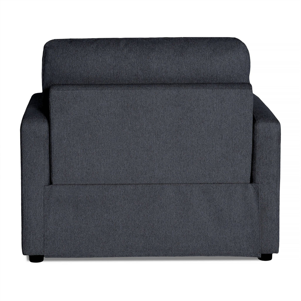 A dark gray upholstered armchair, echoing the My Cloud Power Recliners minimalist, modern design, is shown from the back. Its textured fabric highlights a straight backrest and armrests, showcasing comfort and elegant style.