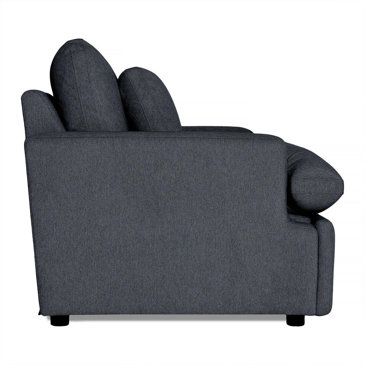 Side view of the My Cloud Power Recliner in dark gray upholstery with thick cushions and armrests, highlighting its customizable design. The recliner offers comfort with a sturdy build and short black legs, set against a plain white background.
