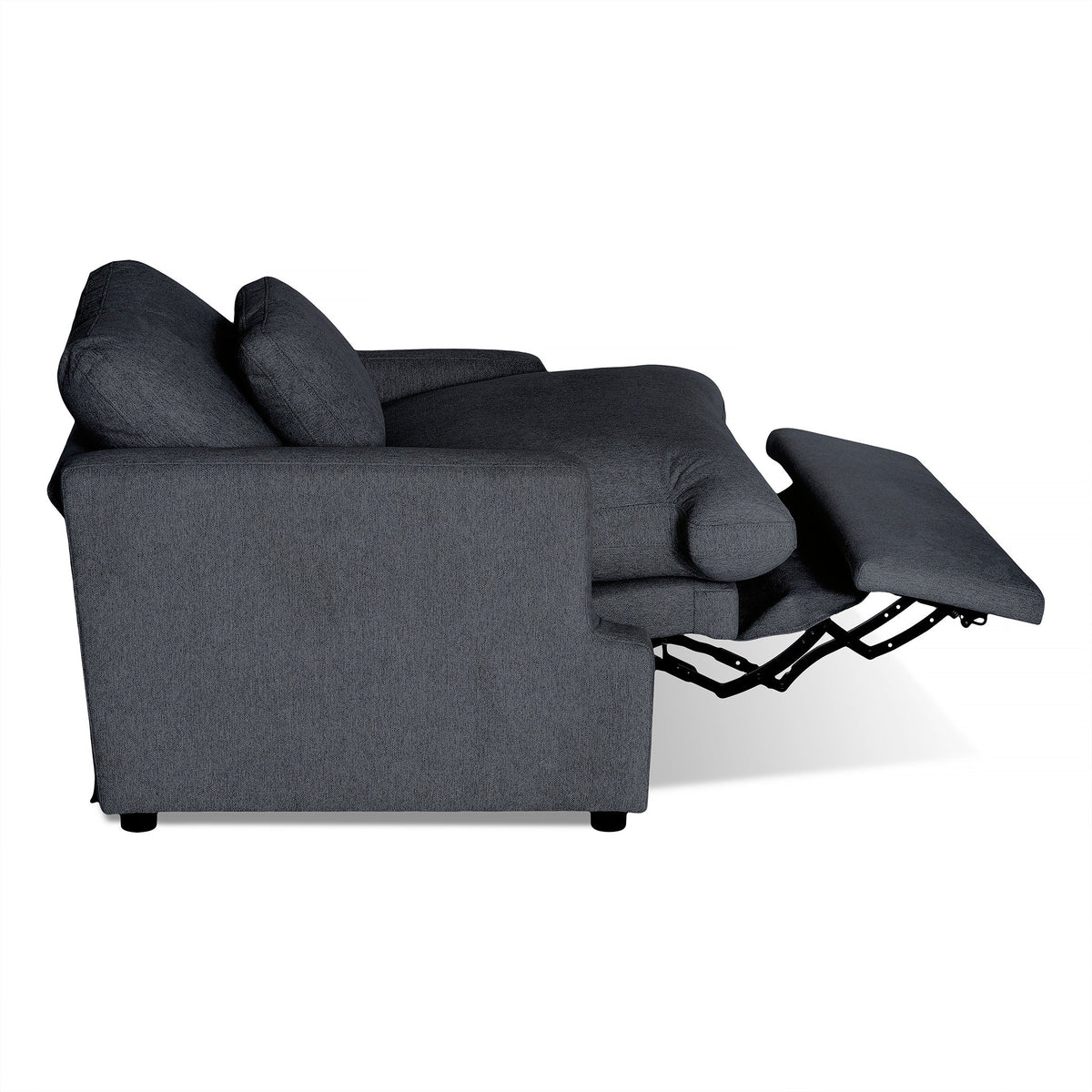 The My Cloud Power Recliner, a dark gray fabric sofa with an extended footrest, features thick cushions and a sturdy metal mechanism for support and relaxation in its reclined position.