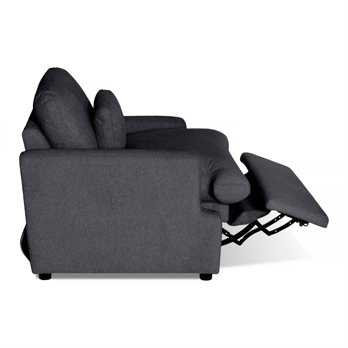 Side view of the My Cloud Power Recliner in dark gray, showcasing an extended footrest. It features cushioned armrests, a plush backrest for added comfort, and a visible footrest mechanism beneath the seat for customizable relaxation.
