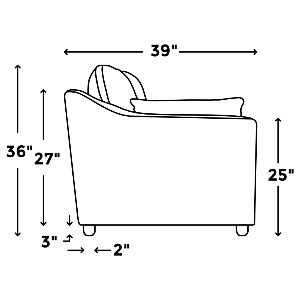 Side line drawing of the customizable My Cloud / Slope Arm armchair with dimensions: 39 width, 36 height, 27 seat height, 25 cushion height, 3 leg height, and a 2 base. Perfect for a cozy sectional setup.