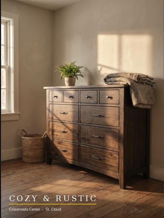 Barnwood 10 Drawer Chesser dark finish staged in bedroom