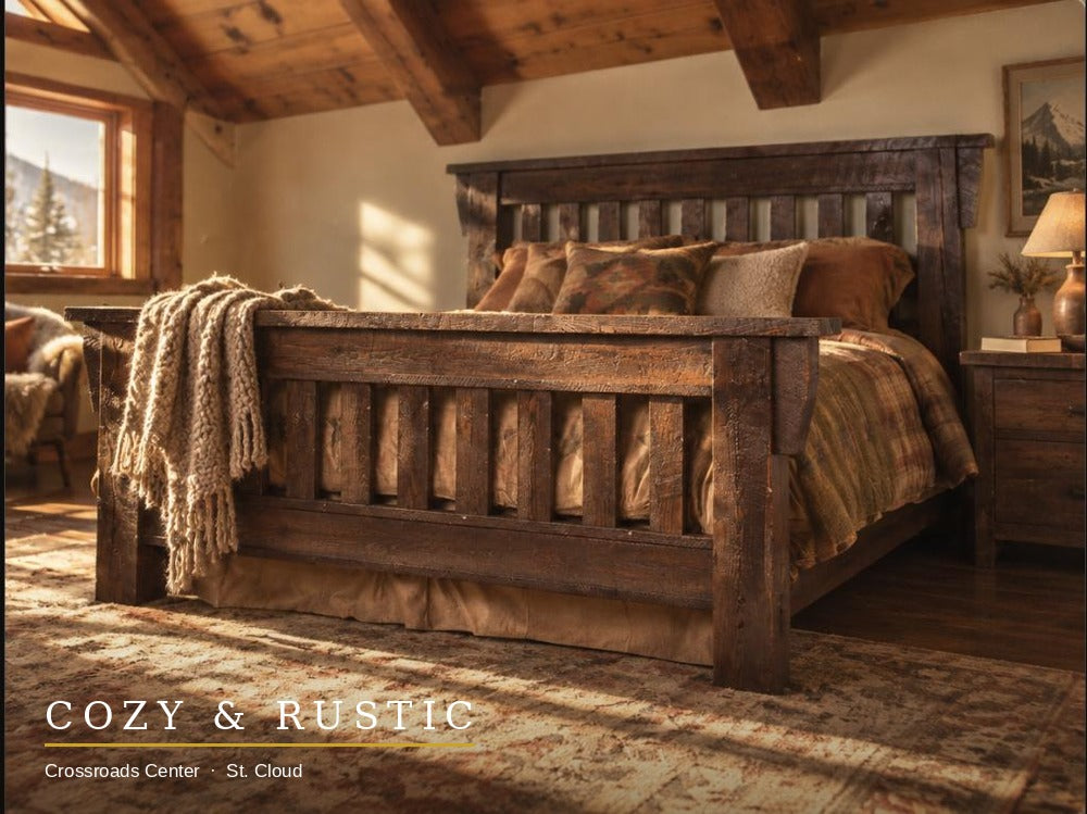 Timberwood Bed styled in a cabin loft bedroom, dark barnwood finish