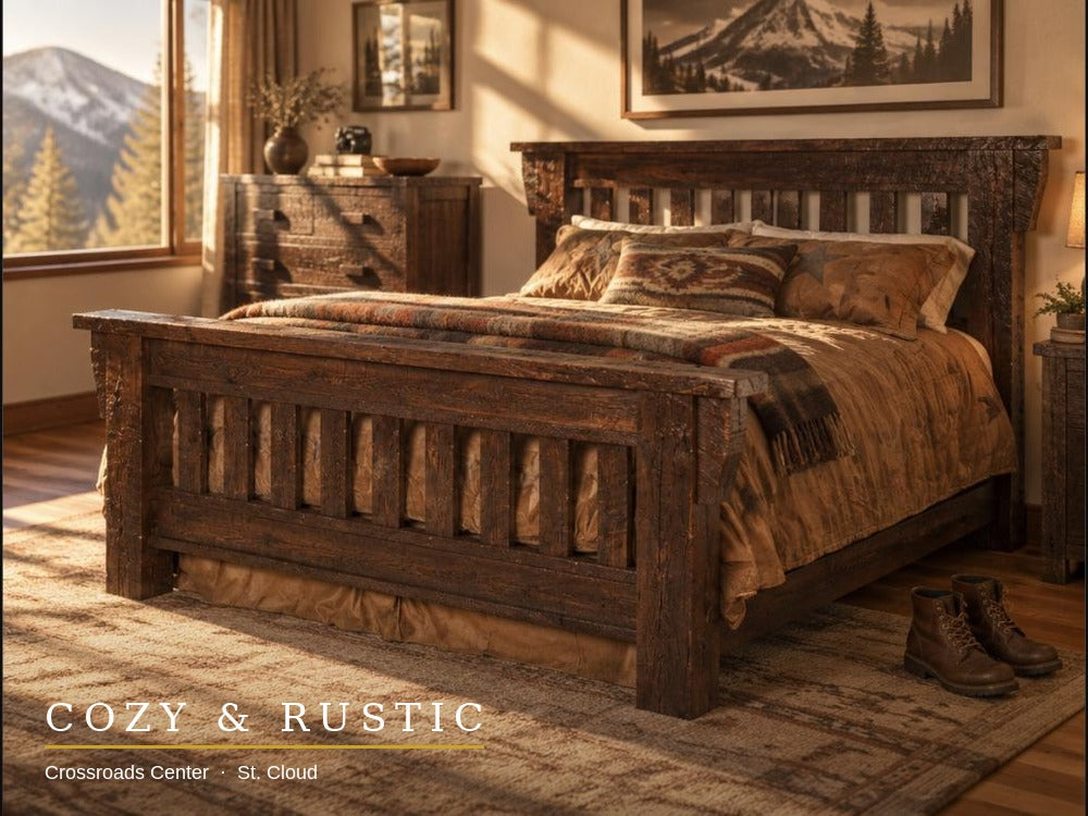 Timberwood Bed corner view with matching barnwood dresser