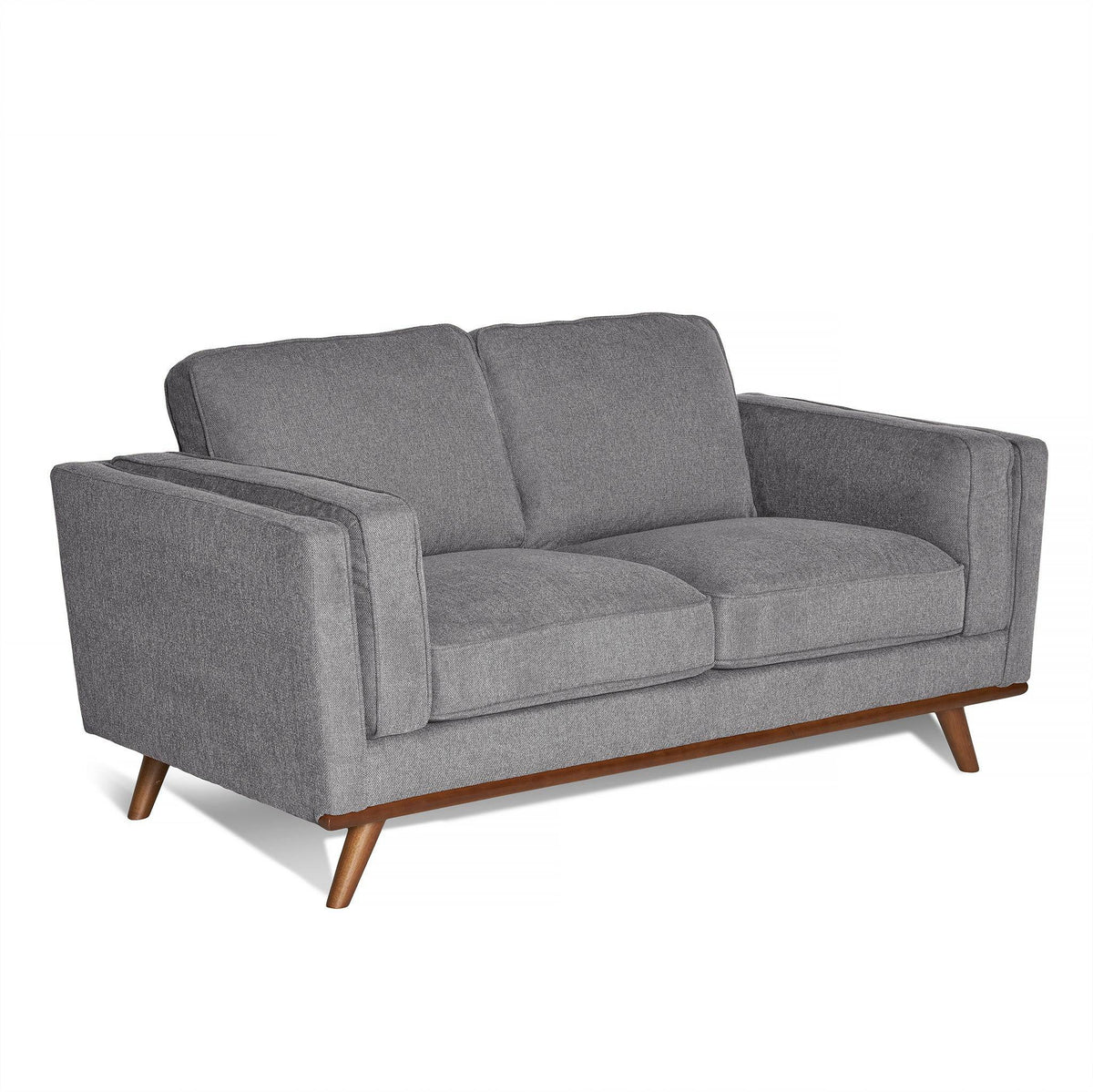 The Maddox Loveseat is a stylish gray upholstered sofa with plush cushions, wide armrests, and a wooden base with angled legs for a mid-century modern look. Its slightly textured fabric adds a cozy and elegant touch.