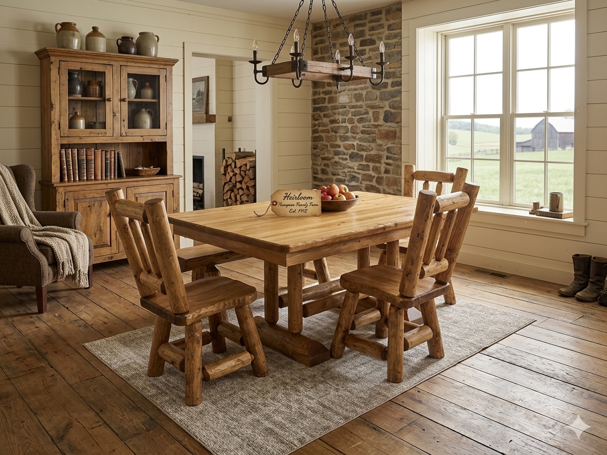 Heirloom log dining table with antique hutch