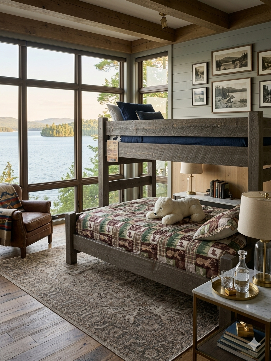 Lake view kids bunk bed in lodge bedroom