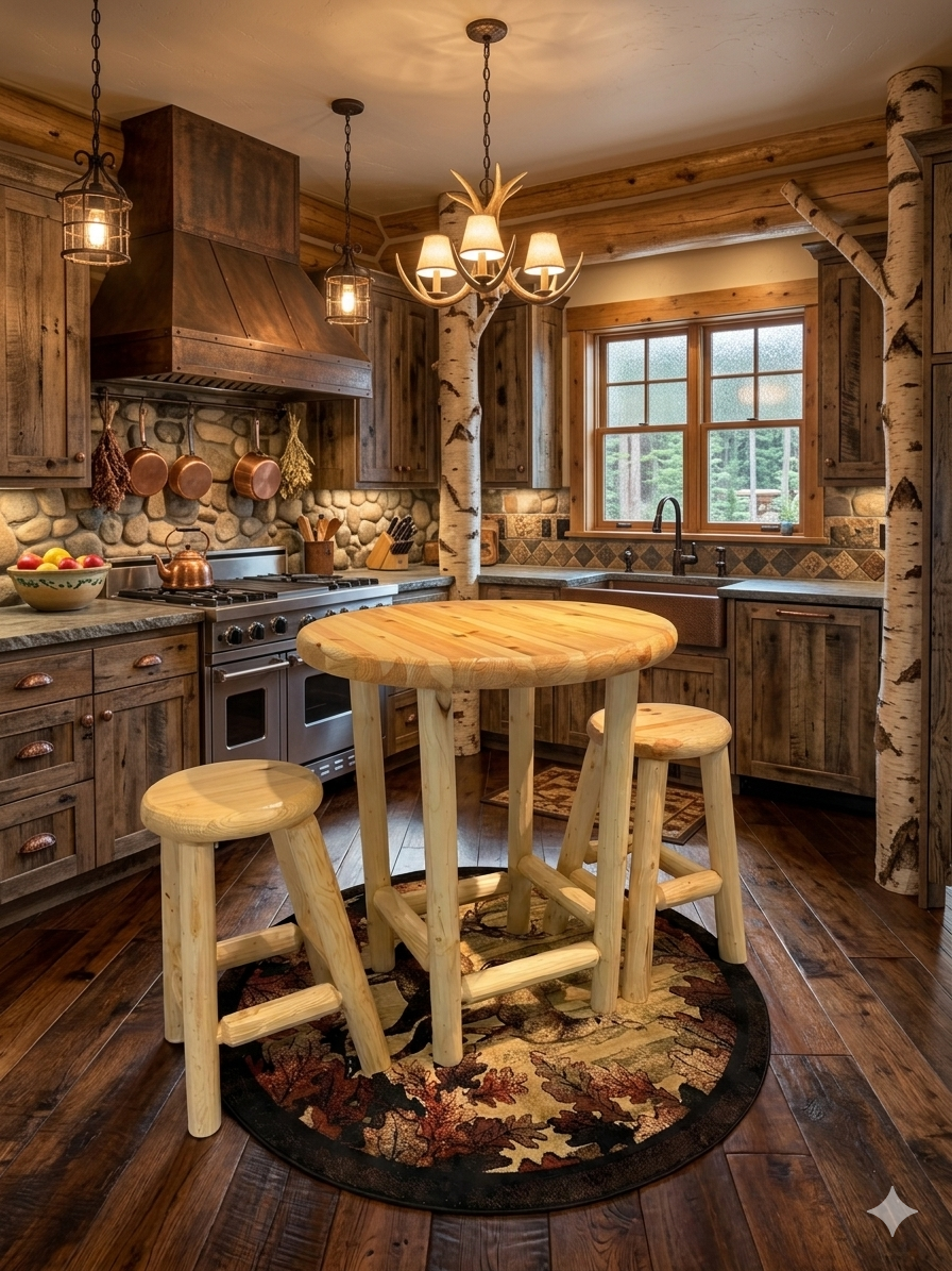 Rustic kitchen with copper hood and log stools